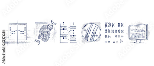 Foto DNA Testing Genetic Profiling Vector Illustration Set of Biotech Forensics and C