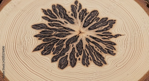 Intricate wood grain pattern with starburst effect, showcasing natural texture and organic design.