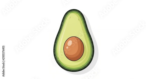 Isolated fresh green avocado half with seed on white background, organic healthy food illustration for menu design