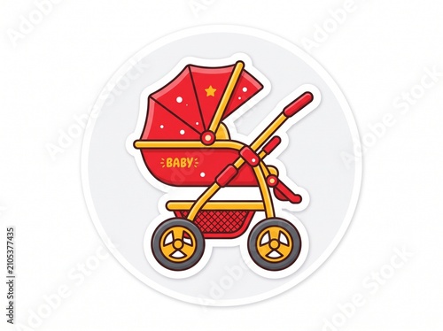 Red baby stroller icon. Modern infant carriage vector illustration for parenting design.