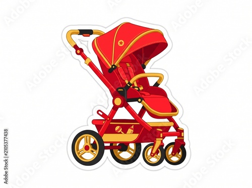 Red baby stroller isolated on white. Modern infant carriage for walking and travel.