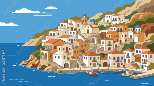 Greek Island Coastal Village with Mediterranean Houses and Blue Sea