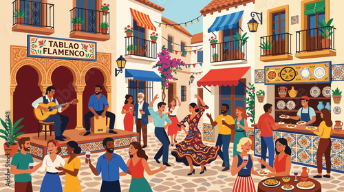 Flamenco Festival Street Party with Musicians and Dancers in Spain