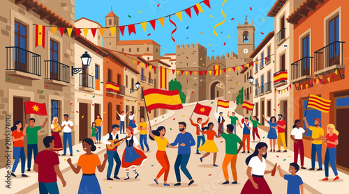 Spanish Street Fiesta with People Dancing and Flags in Traditional Village