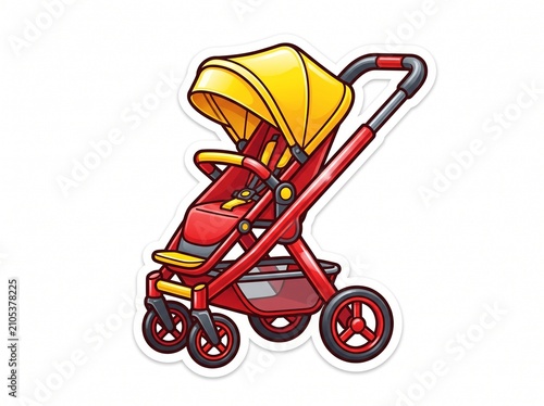 Red and yellow baby stroller. Modern infant pushchair for travel and daily walks.