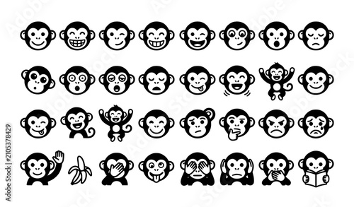 Canvas Print Simple Black and White Monkey Icon Set Vector Collection with Minimalist Primate