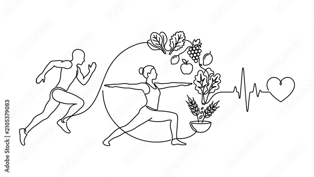 Fototapeta premium Healthy lifestyle concept with running man and yoga woman line art.