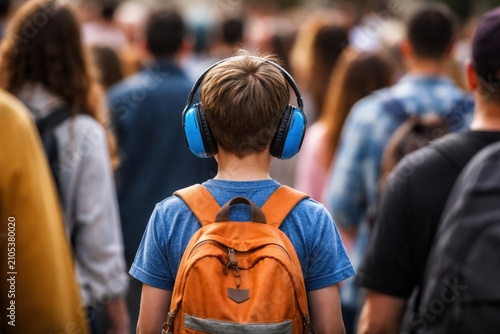Young student wearing headphones and backpack walking through busy crowd in urban public space