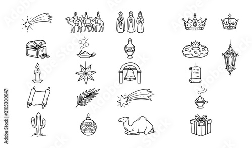 Fotografi Hand Drawn Epiphany Doodle Vector Set with Three Wise Men Camels Crowns and Fest