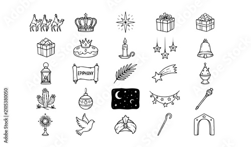 Canvastavla Hand Drawn Epiphany Doodle Vector Set with Three Wise Men Camels Crowns and Fest