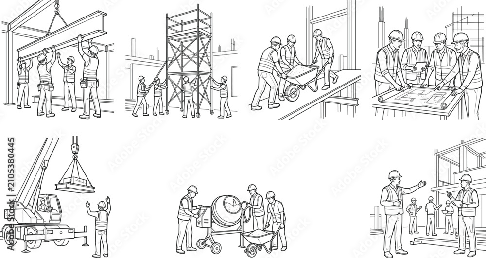 Obraz premium Construction Workers and Building Site Line Art Collection with Crane Scaffolding and Blueprint Planning