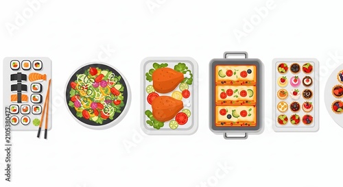 Assorted Delicious Food Dishes Including Sushi Salad Roast Chicken Lasagna and Sweet Tarts on White Background
