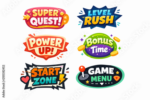 Gaming interface elements with catchy cartoon style text for video games and mobile app development
