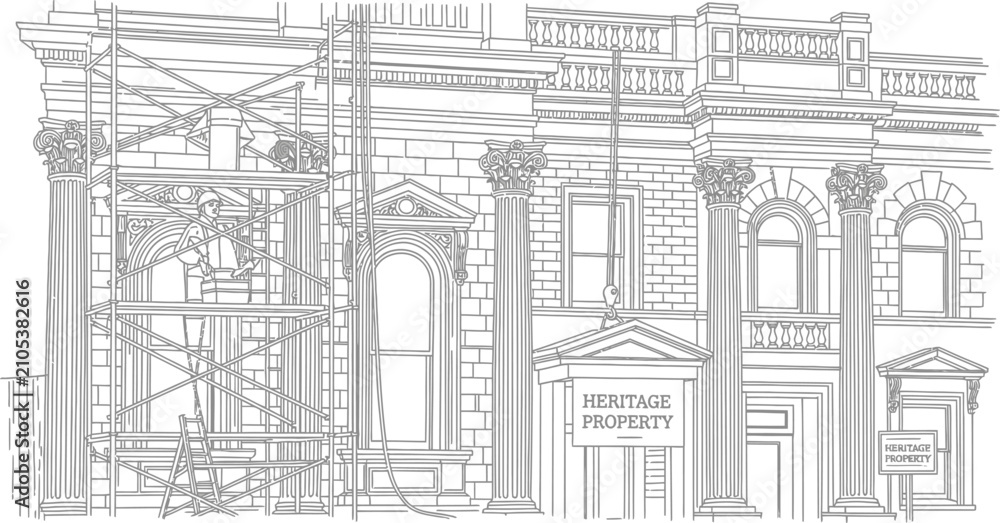 Fototapeta premium Historic Building Restoration: Scaffolding on Old Architecture, Classical Columns, Heritage Site