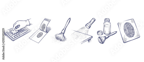 Foto Fingerprint analysis crime scene forensics illustration set showing fingerprinti