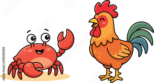 Cute Crab and Rooster Friends Cartoon Vector Clipart