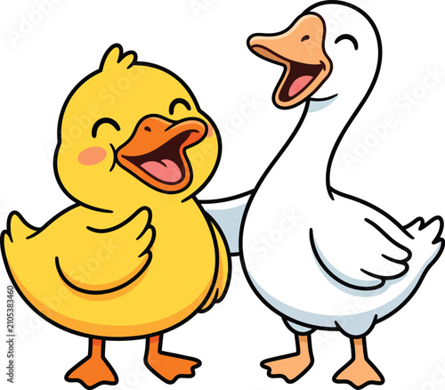 Cute Duck and Goose Friends Laughing Cartoon Vector Clipart