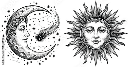 Detailed celestial sun and moon vector illustration with stars and comet on transparent background
