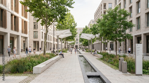 Urban cooling civic plaza with shade canopy permeable paving and rill