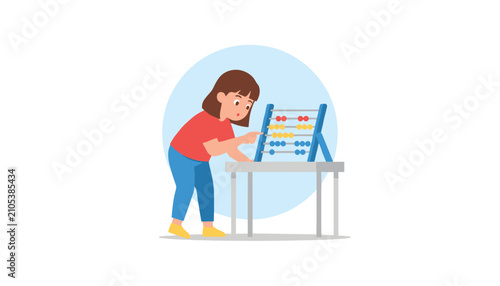 Cute little girl counting colorful beads on a classic blue wooden abacus tool standing at a classroom table.