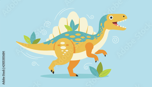 Friendly cartoon spinosaurus dinosaur with colorful skin walking past green plants on light blue background.