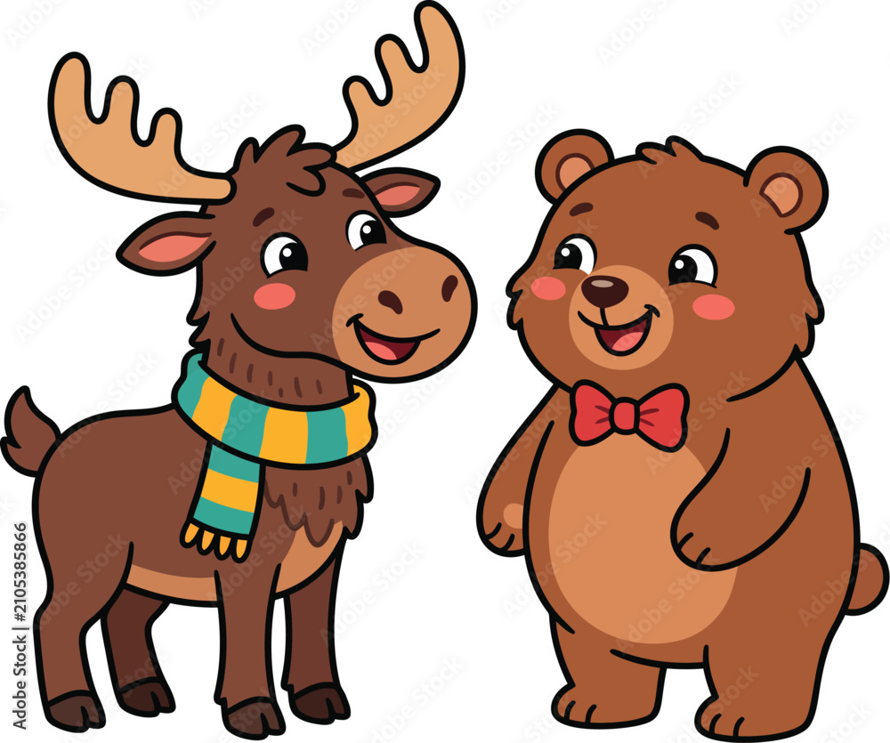 Fototapeta premium Moose and Bear Friends Cartoon Vector Clipart