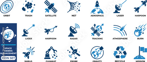 Obraz na płótnie Space debris management icons, orbit trash satellite net aerospace laser harpoon radar tracking atmosphere