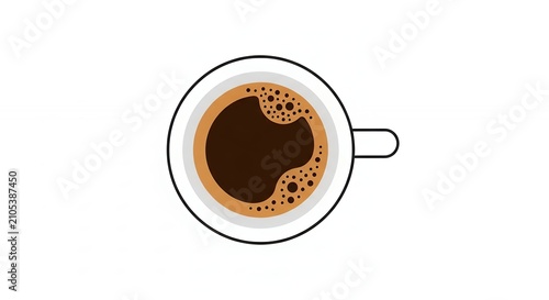 Overhead Flat Lay Illustration of a Round White Coffee Mug with Rich Dark Espresso and Brown Foam