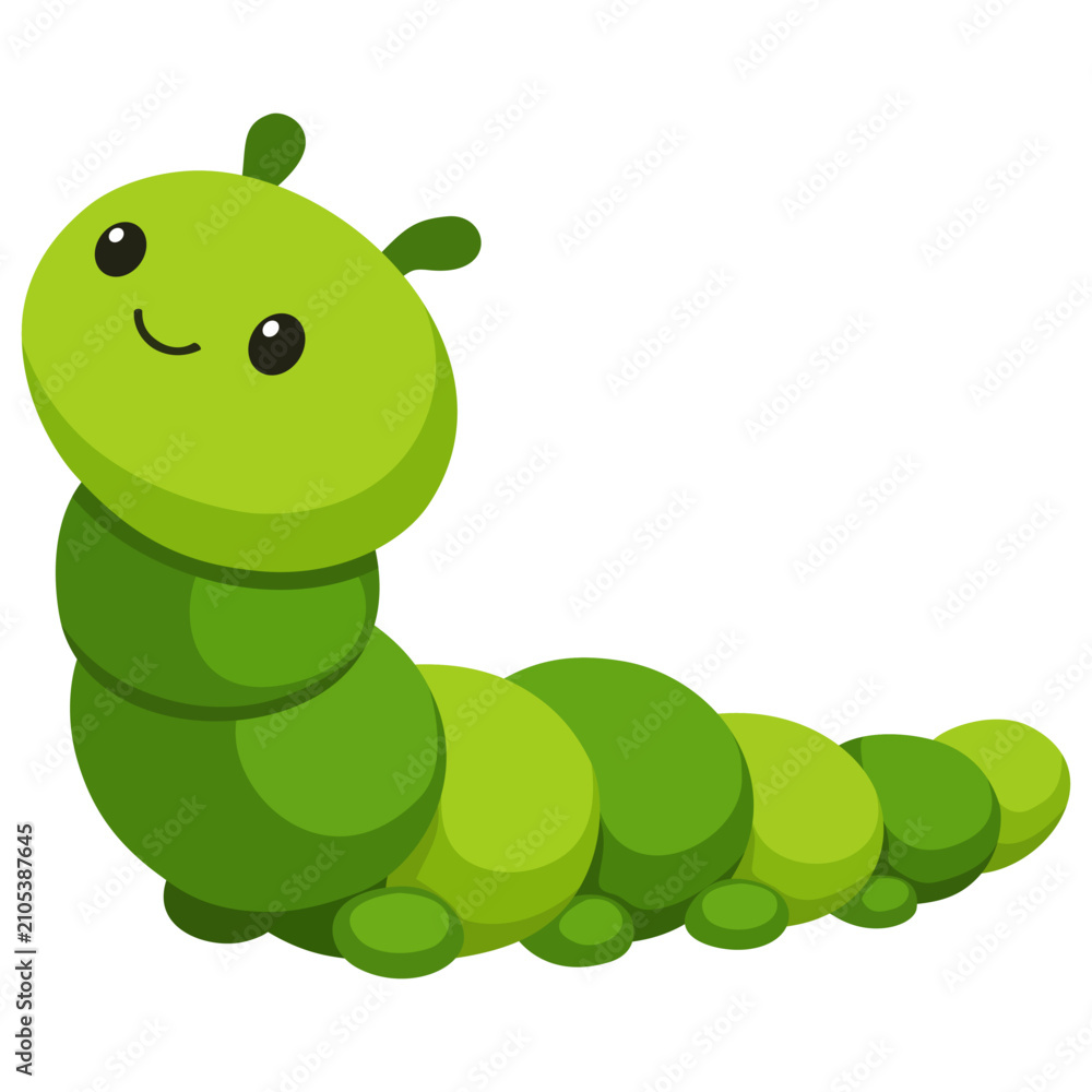 Fototapeta premium Cute Green Caterpillar Standing Upright, Smiling Nature Insect, Segmented Body, Tiny Legs, Garden Wildlife Character