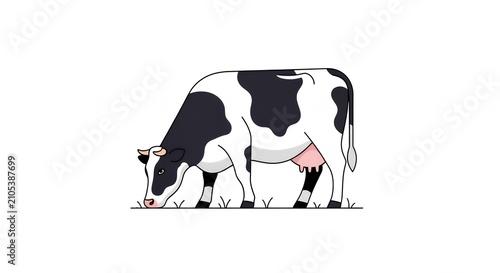 Minimalist Flat Design of a Spotted Holstein Cow Eating Grass in a Pasture for Farm and Dairy Industry Themes
