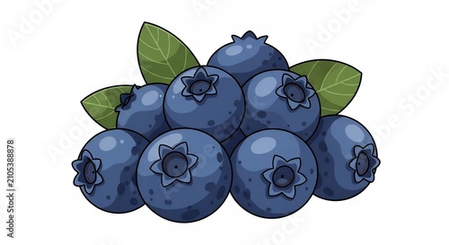Fresh organic blueberries cluster with green leaves healthy fruit illustration isolated on white background sticker