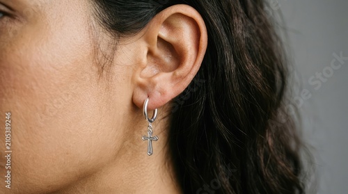 Silver cross hoop earrings on woman's ear detailed studio shot