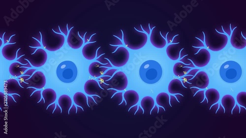 Neuron row fire electric signal discharge in all directions. Brain nerve cell animation