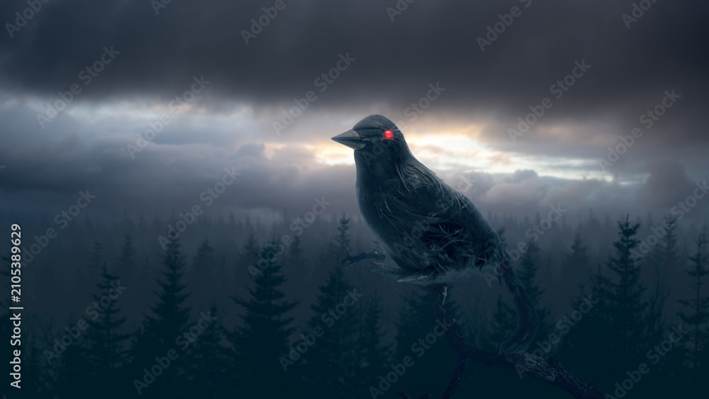 Obraz premium A spooky dark crow with a glowing red eye perched on a branch overlooking a misty pine forest under a dramatic cloudy sky. Concept of Halloween. Horror or Halloween background