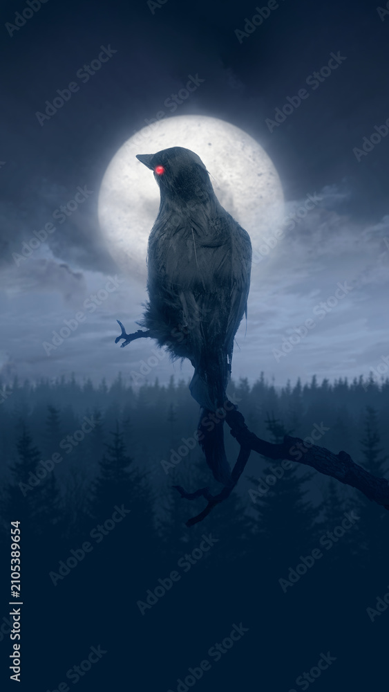 Obraz premium A spooky crow with glowing red eyes perched on a bare branch in a dark forest at night under a large, bright full moon. Perfect for horror and Halloween background. Concept of Halloween