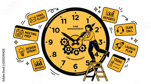 Time management concept vector illustration, business woman organizing schedule on giant clock, productivity and workflow optimization flat design