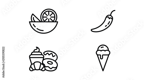 Quadro su tela Food flavors and groups line icon set with citrus fruit bowl hot chili pepper ba