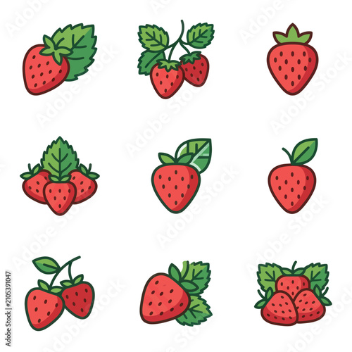 Assorted strawberry berry fruit icons set.