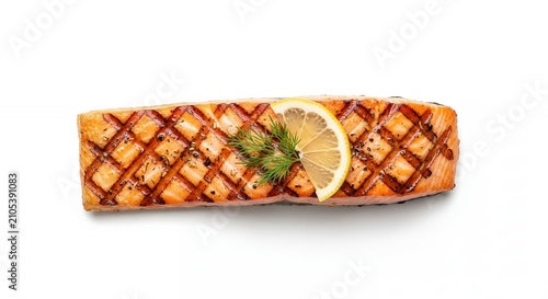 Freshly Grilled Salmon Fillet Steak with Lemon and Dill Garnish Isolated on a Pure White Background Top View