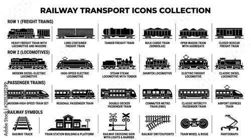 Konstfotografi Railway transport icons collection set.