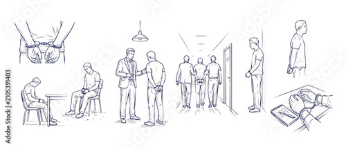Cuadro en lienzo Handcuffed suspect arrest sketch set, criminal interrogation and police custody line art illustration