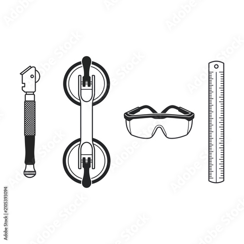 Glass Cutter Suction Cups Safety Goggles and Ruler on White Vector Illustration