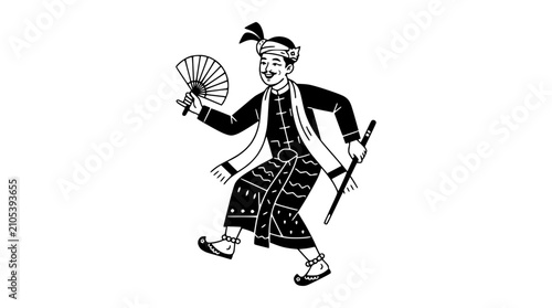 Bild auf Leinwand Man in Traditional Costume Dancing with Fan and Stick