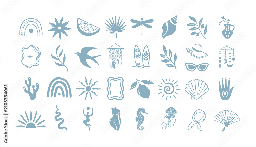 Fototapeta premium Blue coastal summer icon set with Mediterranean beach elements. Minimal nautical vector collection featuring seashells, lemon, olive branch, palm leaf, rainbow, dragonfly, swallow and ocean-inspired s
