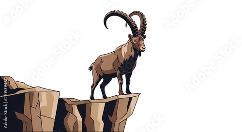 Alpine Ibex Standing on Rocky Cliff Edge Illustration Wild Mountain Goat with Large Curved Horns Graphic