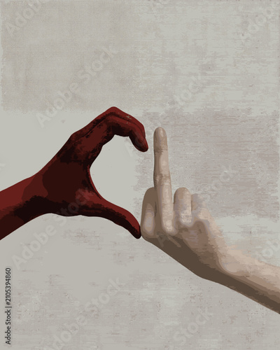 Fotografie Conceptual image of two contrasting hands forming a partial heart while one displays a middle-finger gesture, symbolizing conflicted love, rejection, anger, rebellion, and emotional contradiction