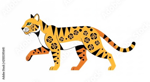 Modern Stylized Wild Leopard Graphic Illustration with Decorative Geometric Patterns and Stripes on White