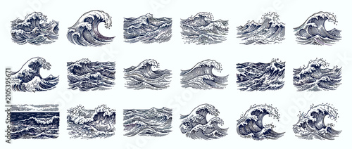 Vintage Ocean Waves Collection Hand Drawn Sketch Style