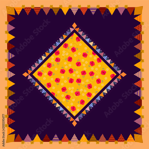 Patchwork pattern with bright patch of blooming poppies on orange background ...