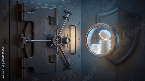 Bank Vault Security Asset Management. Heavy steel bank vault door ajar revealing glowing coin stack inside illuminated circular window with lock key bank and shield icons for financial security